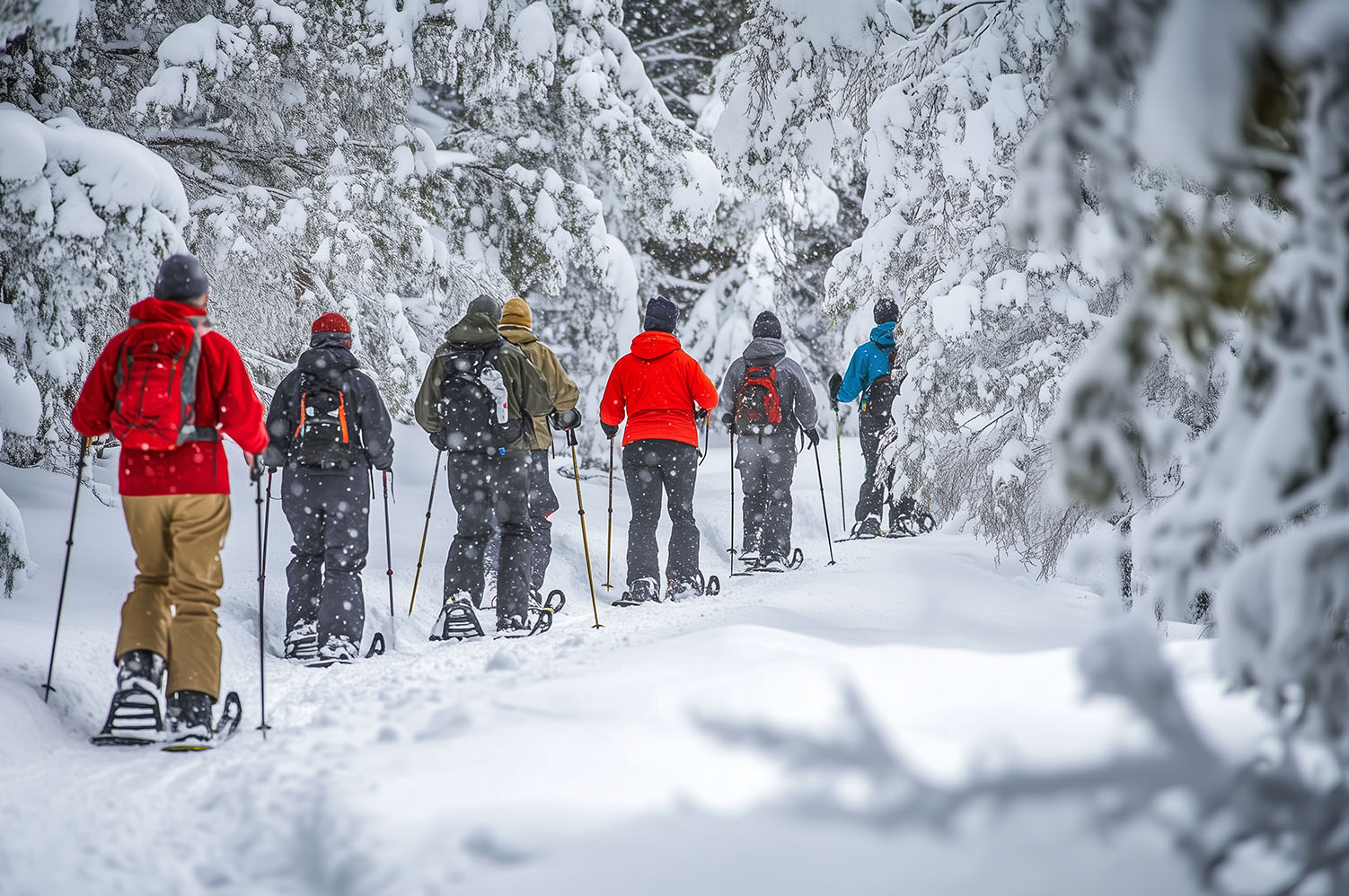 group-people-snowshoeing-through-snowy-forest-winter-remote-outdoor-location